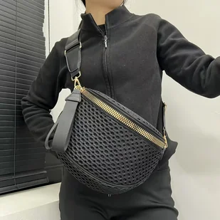 TEMU Damska stylowa, lekka torba na klatkę piersiową z siatki, półokrągła, casualowa, sportowa torba na ramię, z solidnym kolorowym, teksturującym - Torebki damskie - miniaturka - grafika 1