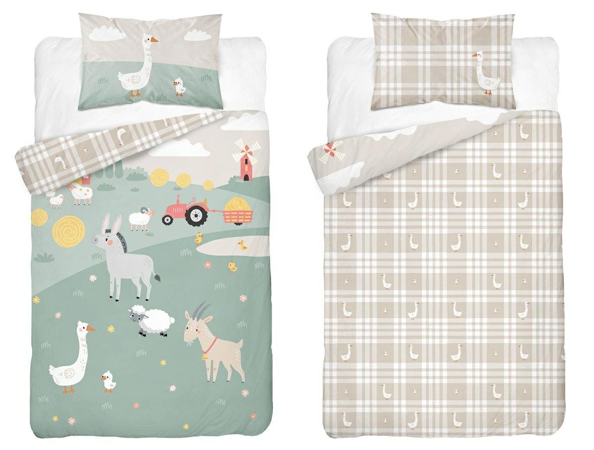 Pościel bambusowa dziecięca 100x135 farma i beżowa kratka Baby Bamboo