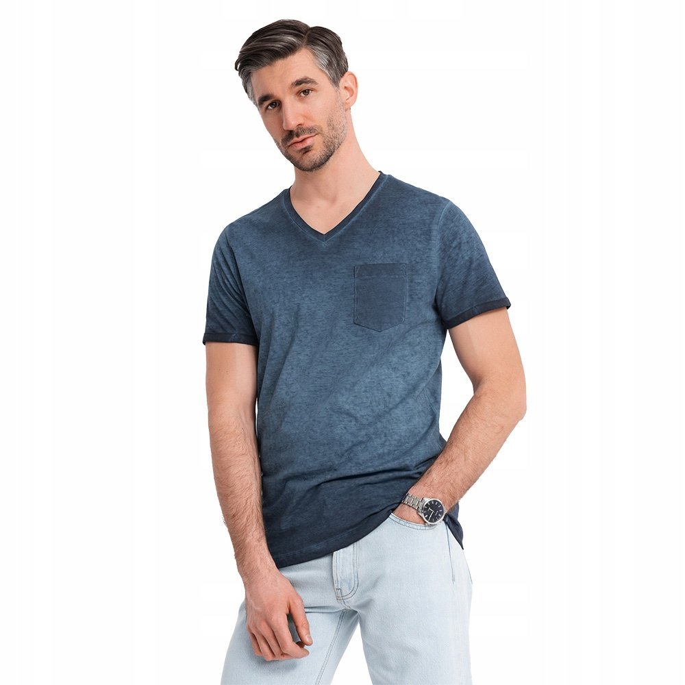 Bawełniany męski t-shirt v-neck efekt sprania granatowy OM-TSWT-0242 V7 M