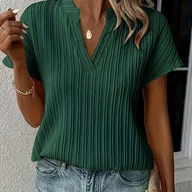 Koszule damskie - TEMU Bluzka Damska z Dekoltem w Serek i Krótkim Rękawem - Miękki, Teksturowany Top o Luźnym Kroju, Możliwość Prania w Pralce, Jednokolorowa na - miniaturka - grafika 1