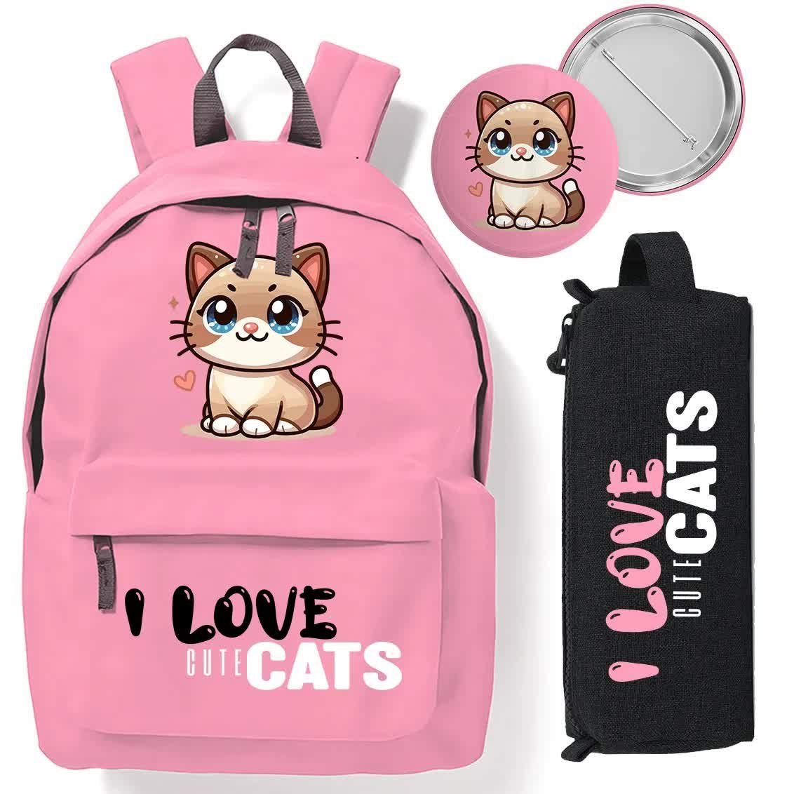 Zestaw Do Szkoły Czerwony Plecak + Piórnik + Pin I LOVE CUTE CATS Wzory