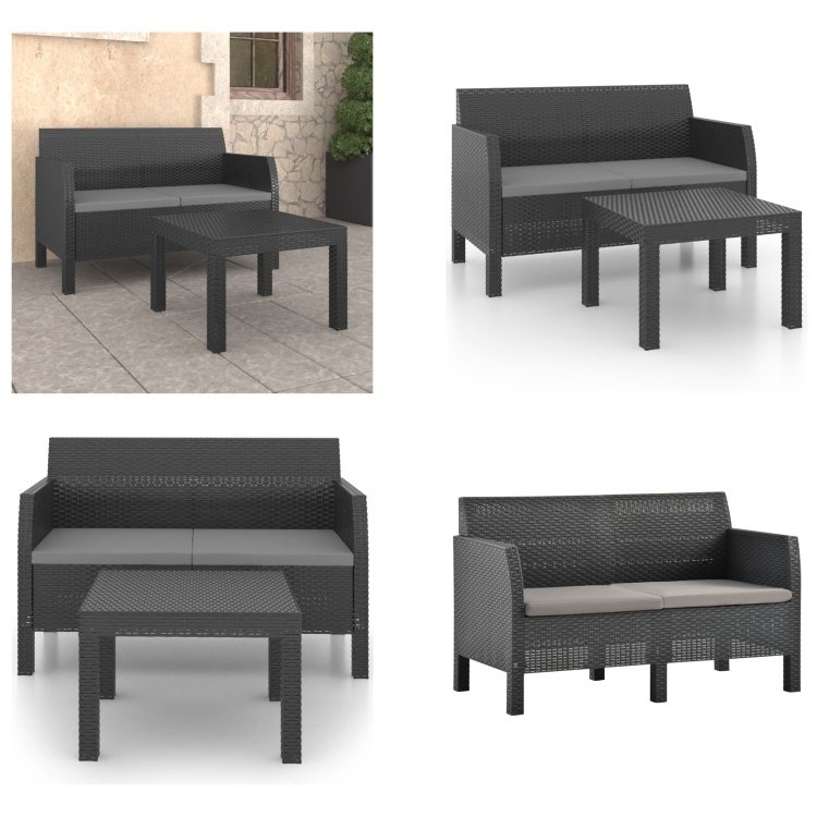 vidaXL 2-częściowy zestaw wypoczynkowy do ogrodu z poduszkami PP rattan antracyt - Zestaw wypoczynkowy do ogrodu - Zestawy wypoczynkowe do ogrodu - Zestawy mebli ogrodowych - Zestawy mebli ogrodowych
