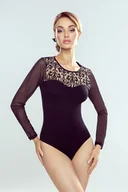 Bielizna nocna - Body Damskie Z Długim Rękawem Z Tiulu Z Ozdobnym Dekoltem Giuliana Eldar Czarne Beżowe  3Xl - miniaturka - grafika 1