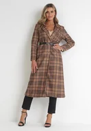 Płaszcze damskie - Brązowy Płaszcz Długi w Geometryczny Wzór z Paskiem Veye - miniaturka - grafika 1