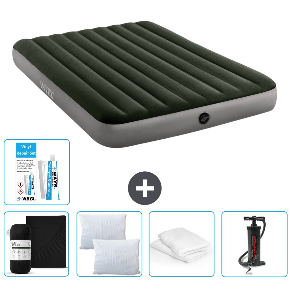 Dmuchane łóżko Intex - 2 osoby - 152 x 203 x 25 cm - zielone - w zestawie prześcieradło - buziak - pompka - zestaw naprawczy en ochraniacz na poduszkę