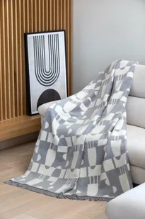 Koc bawełniany akrylowy 150x200 1709/1 geometria szary biały narzuta pled wykończony frędzlami - Koce - miniaturka - grafika 1