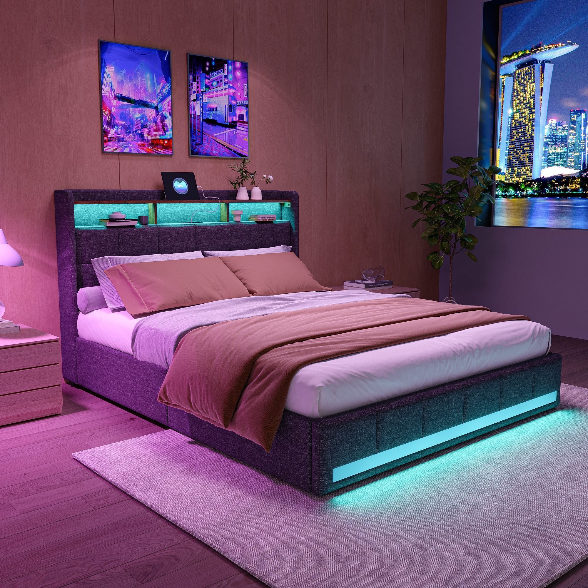 Łóżko tapicerowane Fortuna Lai 160x200cm podwójne łóżko z 3 schowkami i oświetleniem LED, z 2 portami USB i Type-C, 4 szuflady, szary