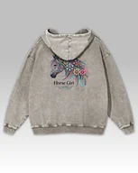 Bluzy damskie - Bluza oversize z kapturem Horse Girl Kolorowy Koń Sprana Popielaty XL - Empik - miniaturka - grafika 1
