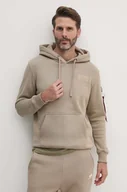 Bluzy męskie - Alpha Industries bluza męska kolor beżowy z kapturem z nadrukiem - miniaturka - grafika 1