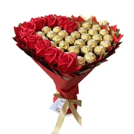 Zestawy upominkowe - Słodki bukiet w kształcie serca CZERWONY I ZŁOTY z cukierkami Ferrero Rocher 30 szt i mydlanych róż 10 szt. Prezent na 40 30 10 urodziny - miniaturka - grafika 1