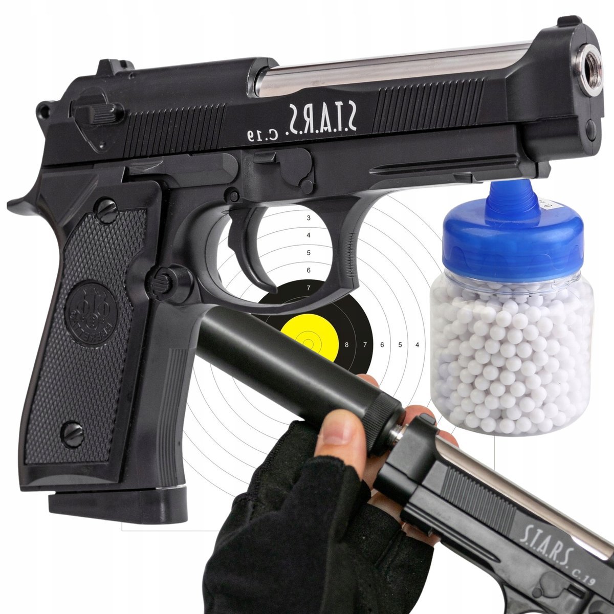 Pistolet Na Kulki Plastikowe Metalowy Z Tłumikiem 1000 Kulek Tarcze Replika