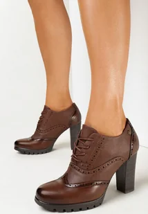 Brązowe Półbuty na Słupku ze Sznurowaniem Chamis - Półbuty damskie - miniaturka - grafika 1