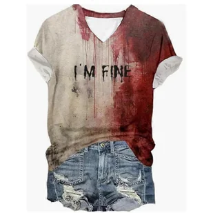 I'M FINE Halloween T-shirt i sukienka na Halloween, krwawa koszulka damska z okrągłym dekoltem / dekoltem w szpic Halloween L - Koszulki i topy damskie - miniaturka - grafika 1