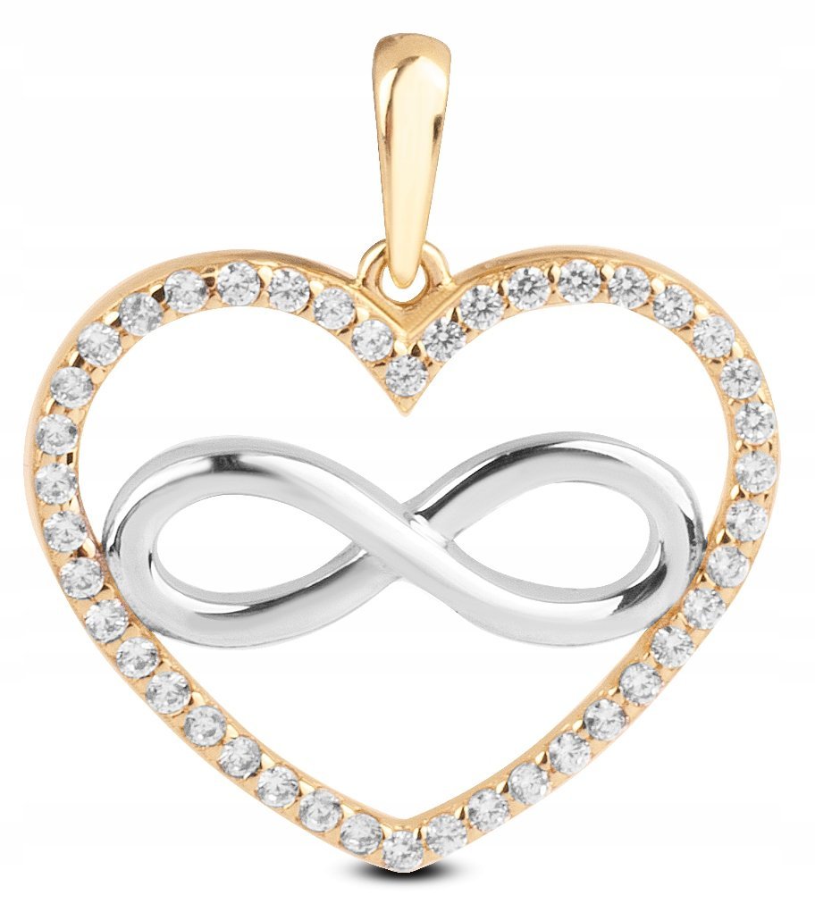 DAMSKA ZŁOTA ZAWIESZKA SERDUSZKO Z NIESKOŃCZONOŚCIĄ BIAŁE CYRKONIE 14KT 585