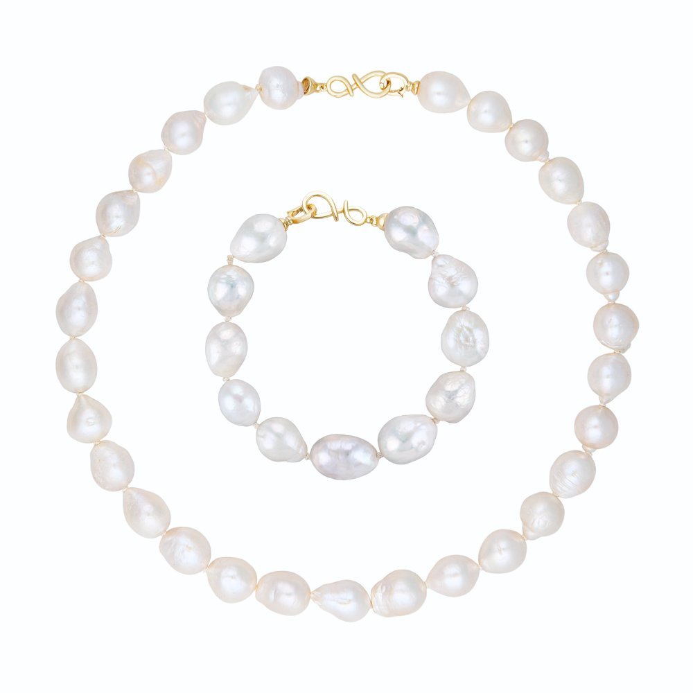 ENAYA NELLIE Komplet naszyjnik bransoletka duże perły barokowe białe owalne srebro - 38 cm