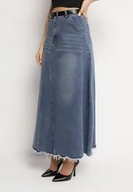 Spódnice - Niebieska Bawełniana Spódnica Jeansowa Trapezowa ze Strzępieniami i Paskiem Loraithen - miniaturka - grafika 1