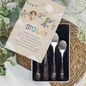 Sztućce dla dzieci - SZTUĆCE z imieniem w pudełku z życzeniami Prezent urodzinowy  Wesołe Zwierzątka - miniaturka - grafika 1