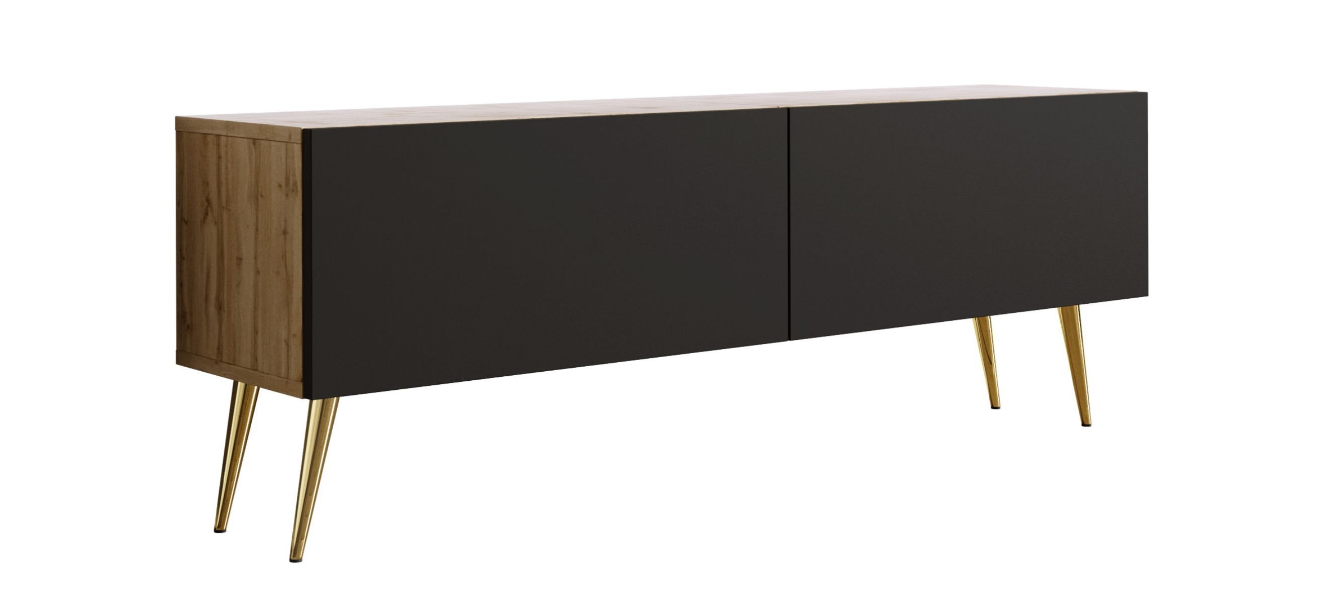 Szafka pod TV dąb Wotan / czarny mat, złote nogi, A: szer: 140 cm, wys: 52 cm, gł: 32 cm