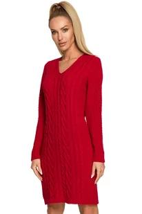 Sweter sukienka dzianinowa z dekoltem V splot w warkocz czerwona - SukienkiShop - Sukienki - miniaturka - grafika 1