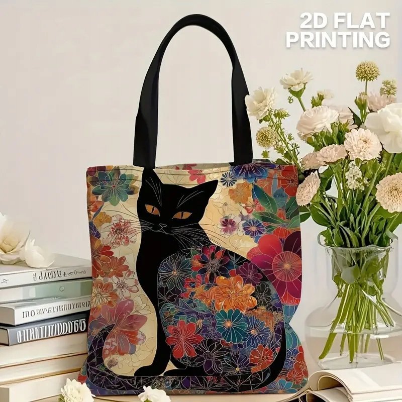 Torba shopperka tote czarny kot japońskie wzory kwiaty prezent dla kociary