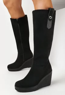 Czarne Kozaki na Koturnie z Paskiem w Cyrkonie Umbra - Kozaki damskie - miniaturka - grafika 1