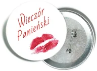 Wieczór panieński i kawalerski - Przypinka biała z czerwonym napisem i ustami na Wieczór Panieński - miniaturka - grafika 1