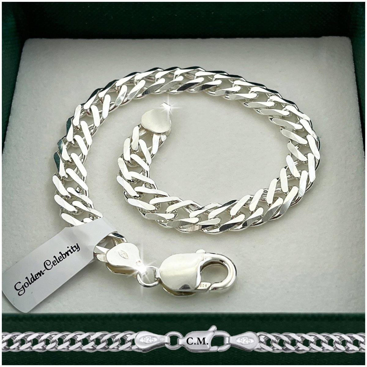 BRANSOLETKA SREBRNA MĘSKA GRUBA ROMBO PRÓBA 925 20,5cm 7,5mm GRAWER