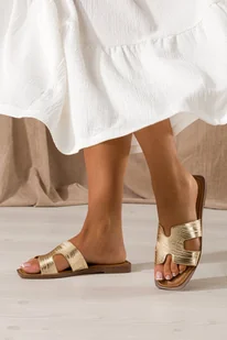 Złote klapki damskie Sergio Leone błyszczące z wzorkiem płaskie geometryczne wycięcia SK091H-CA - Klapki i japonki damskie - miniaturka - grafika 1