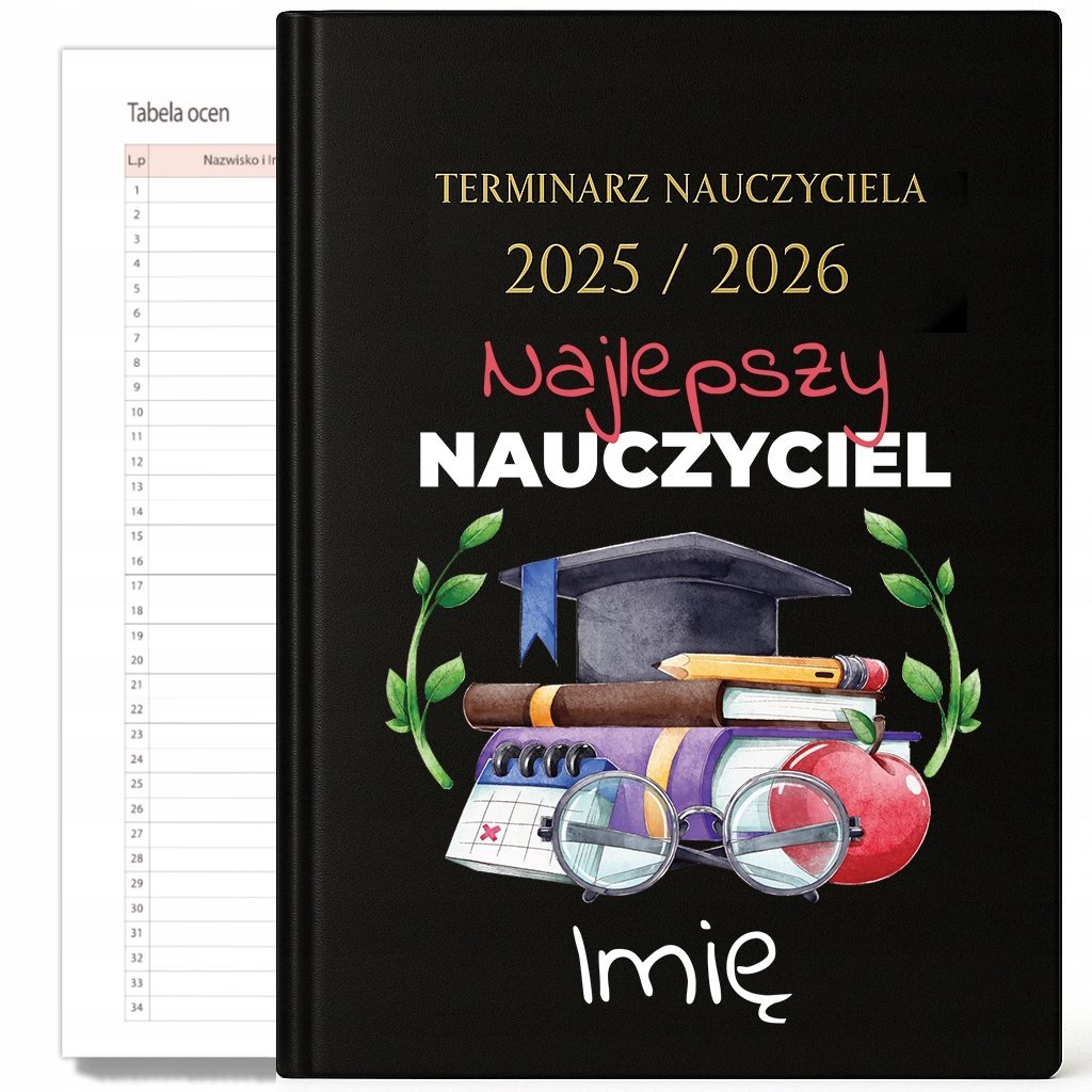 KALENDARZ NAUCZYCIELSKI 2025-2026 CZARNY Najlepszy NAUCZYCIEL Imię Prezent