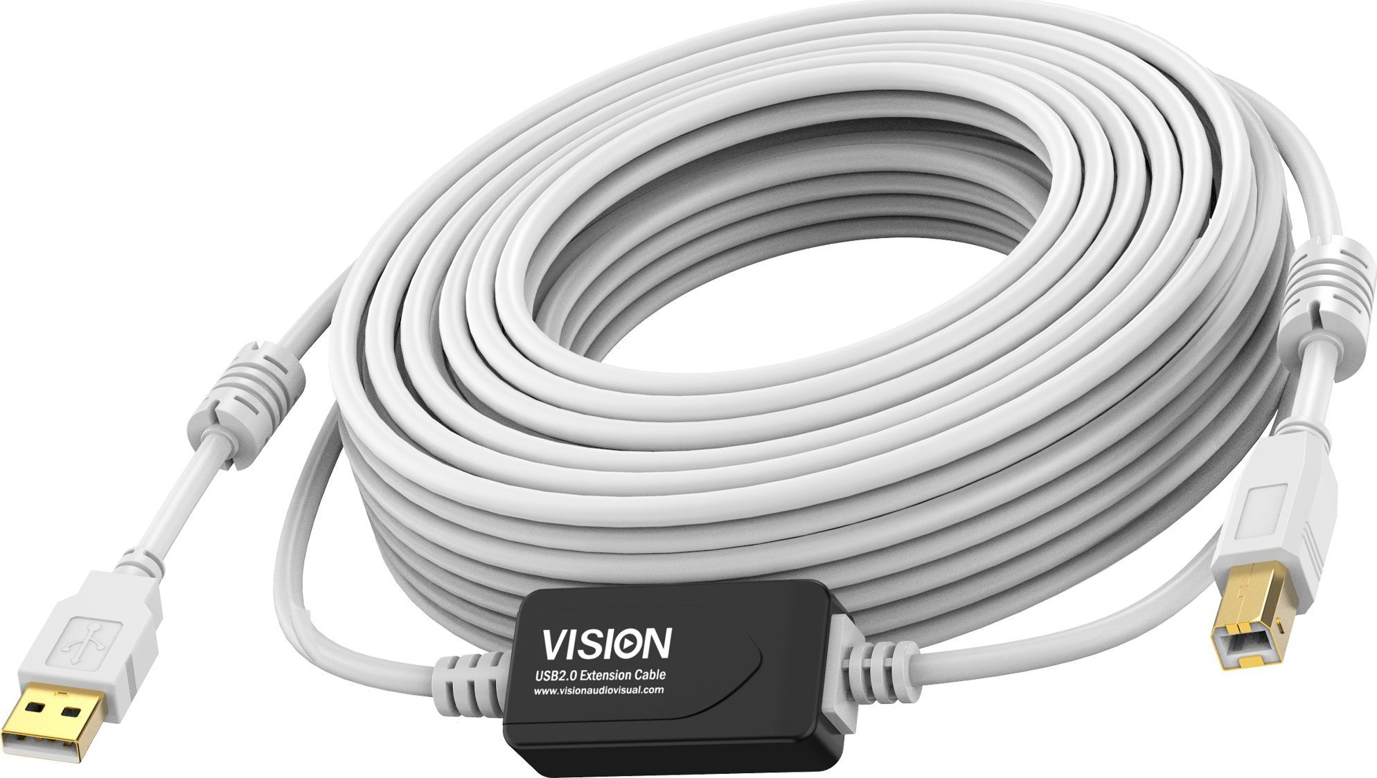 Kabel USB Vision VISION Professionelles, installationstaugliches, USB 2.0-Kabel mit Aktivverstarker - 30 JAHRE GARANTIE - integrierter Signalverstarker auf halber Lange des Kabels - Vergoldete Anschlusse - Ferritkerne beidseitig - Bandbreite 480 MBit/s -