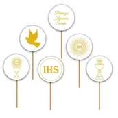 Dekoracje i nakrycia stołu na imprezę - PIKERY do babeczek - KOMUNIA - złoty - 6 sztuk komunijne - miniaturka - grafika 1