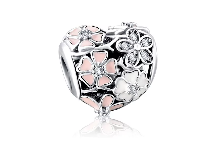 Pandora Valerio.pl Rodowany srebrny charms do serce heart kwiatki flowers cyrkonie srebro 925 PAS283 PAS283