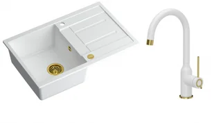 Quadron Zlewozmywak granitowy jednokomorowy 78*50*22 cm z ociekaczem MORGAN 111 SNOW WHITE ze złotym odpływem z baterią INGRID Q LINE SNOW WHITE kolor biały mat/wykończenie złote - Zlewozmywaki z baterią - miniaturka - grafika 1