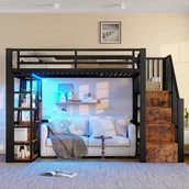Łóżka dla dzieci i młodzieży - Łóżko na antresoli z żelaza 90x200 cm - Przegródki do przechowywania - Barierki zabezpieczające + drabinka - oświetlenie LED - Czarny - miniaturka - grafika 1