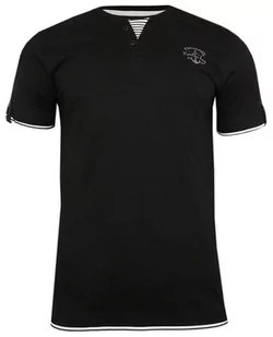Czarny Bawełniany T-Shirt -PAKO JEANS- Męski, Krótki Rękaw, Dekolt z Guzikami, Wstawka w Paski - Pako Jeans - Koszulki męskie - miniaturka - grafika 1