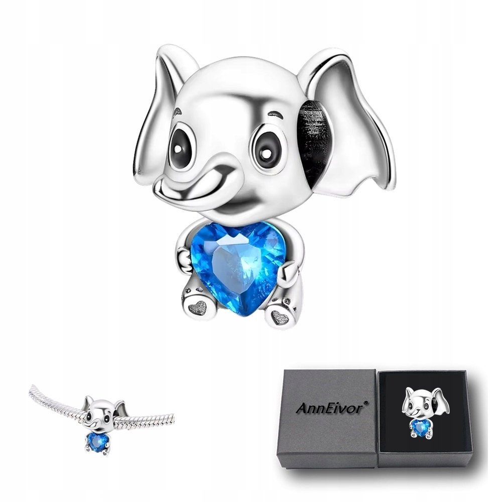 Koralik Modułowy Charm Srebrny S925 Słonik Z Niebieskim Kryształowym Sercem