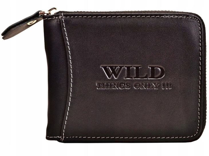 Czarny SKÓRZANY Portfel Męski Zasuwany na SUWAK Poziomy Młodzieżowy WILD !