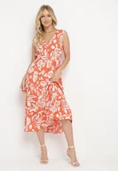 Sukienki - Pomarańczowa Rozkloszowana Sukienka z Wiskozy w Kwiaty z Gumką w Talii Eranea - miniaturka - grafika 1