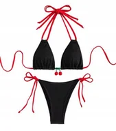 Stroje kąpielowe - Czarne Bikini Z Wiśniowym Wzorem Strój Kąpielowy Dwuczęściowy Wisienki Xl - miniaturka - grafika 1