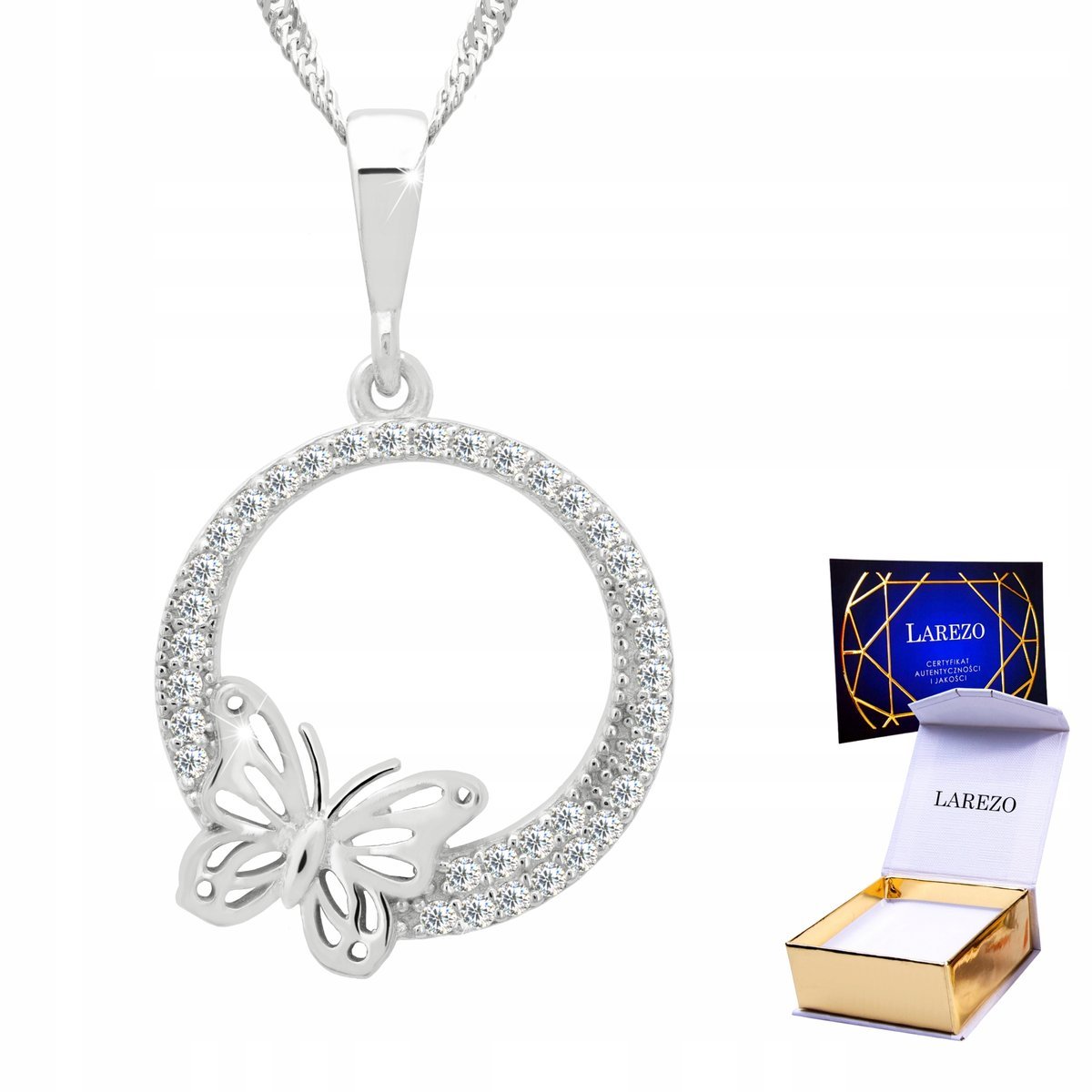 Naszyjnik Srebrny 925 Kółko z Motylem Cyrkoniami Motyl Butterfly Motylek