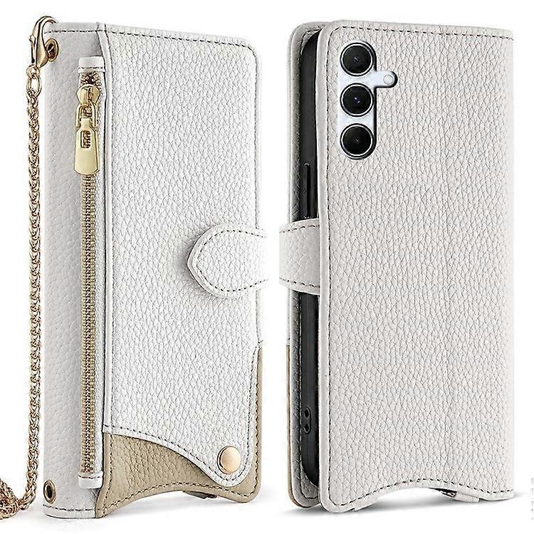 Kompatybilny z Samsung Galaxy A56 5G Skórzane etui Portfel Stojak Pokrowiec Nieregularny ogon z paskiem łańcuszka Biały