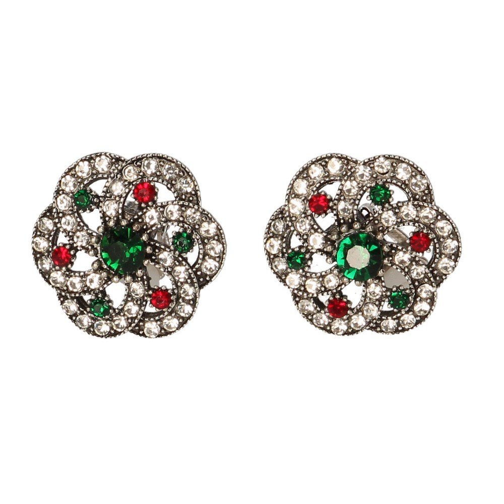 Klipsy do uszu srebrne eleganckie - kwiat z zielonym kamieniem i kolorowymi cyrkoniami