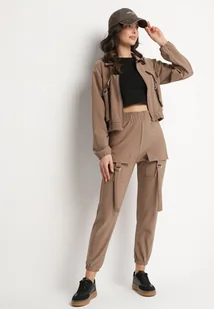 Brązowy Komplet Dresowy Bluza Rozpinana i Spodnie Slim w Stylu Utility Telavienna - Spodnie sportowe damskie - miniaturka - grafika 1