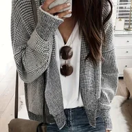Swetry damskie - TEMU Damski Kardigan w Pepitkę i Kratę - Gruby Zimowy Płaszcz z Kołnierzem, Czarny/Biały/Beżowy/Brązowy z Chwostami, Casualowa Marynarka na Jesień i - miniaturka - grafika 1