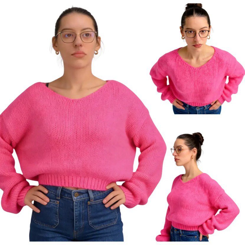 Ciepły sweter damski różowy oversize miękki elegancki, klasyczny dekolt Captain Mike