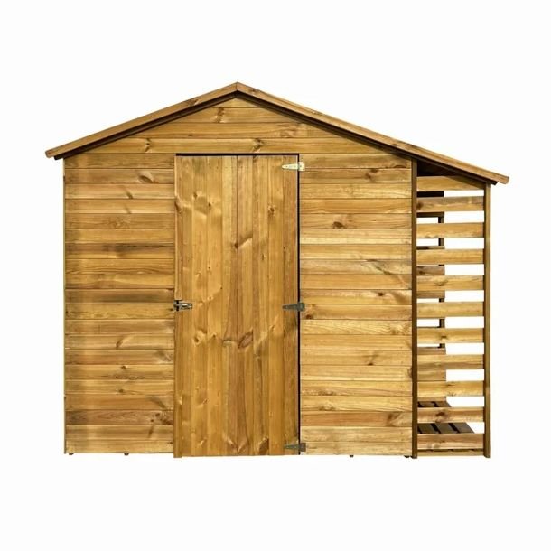 Drewniany domek narzędziowy z drewutnią narzędziownia impregnowana ogrodowa