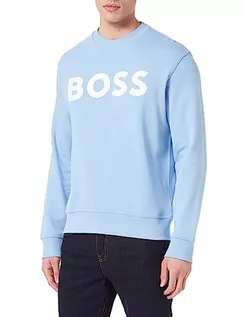 Bluzy męskie - BOSS Męska bluza WeBasicCrew Relaxed-Fit z bawełny Terry z gumowanym nadrukiem logo, Open Blue460, L - grafika 1