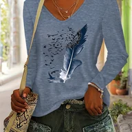 Bluzki damskie - TEMU Lekka, wzorzysta bluzka damska na jesień i zimę, codzienna i modna, uniwersalna, kolorowa koszulka z długim rękawem i dekoltem w serek. - miniaturka - grafika 1