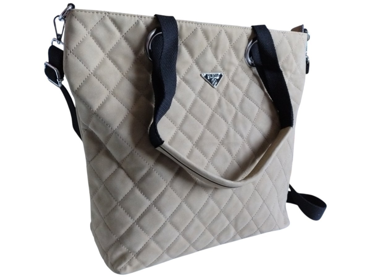 Beżowa Torebka Shopper Pikowana Damska Na Ramię Duża Pojemna A4