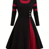 Sukienki - TEMU Kolorowa Sukienka z Długim Rękawem dla Kobiet - Czarno-Czerwona, A-Linia Midi z Detalem Guzików, Pranie w Pralce, Od Wiosny/Jesień od Casual do - miniaturka - grafika 1